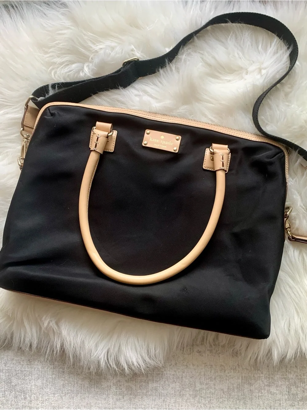 Kate Spade Large Black Nylon Laptop Bag Adjustable Strap, Multi Pocket Storage